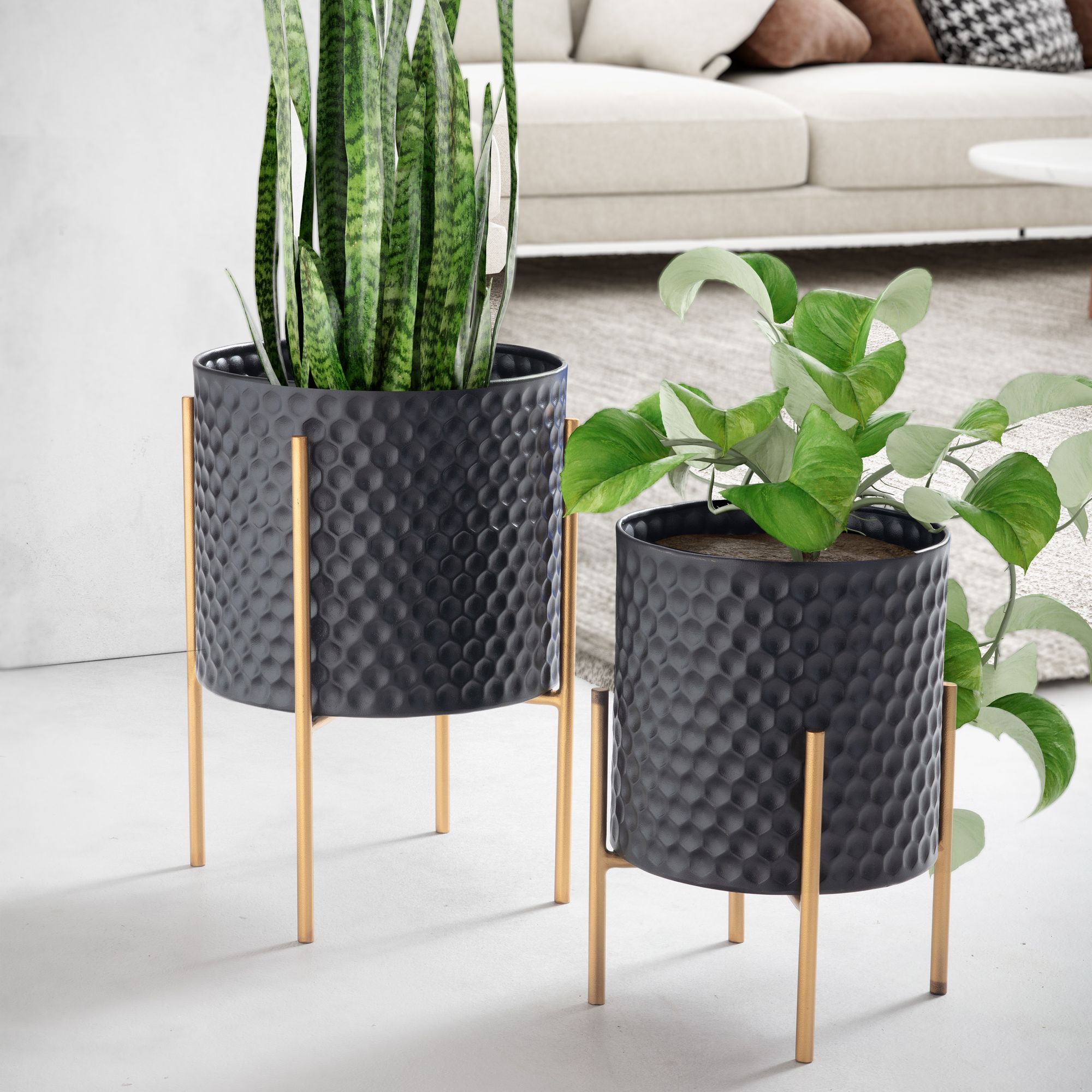 Blumentopf 2er Set Metall Pflanzkübel Schwarz / Gold mit Füßen, Design