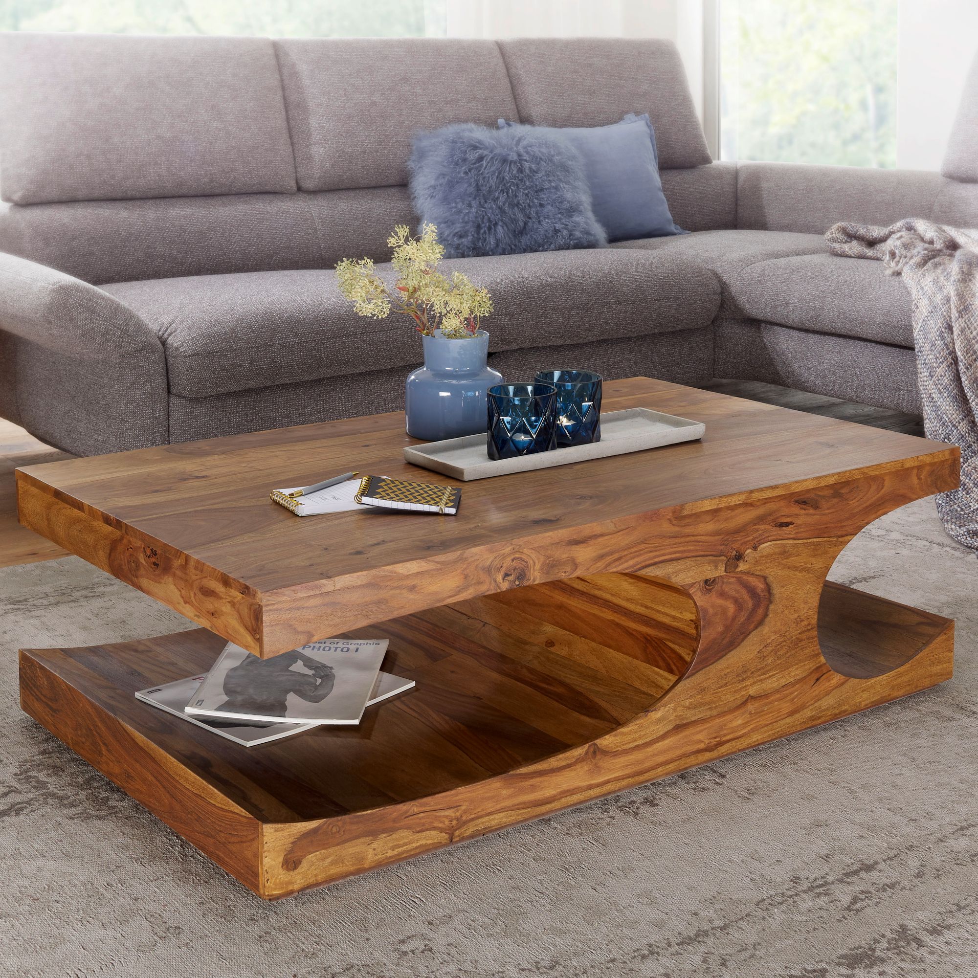 Couchtisch BOHA Massiv-Holz Sheesham 118 cm breit Wohnzimmer-Tisch Design dunkel-braun Landhaus-Stil Beistelltisch