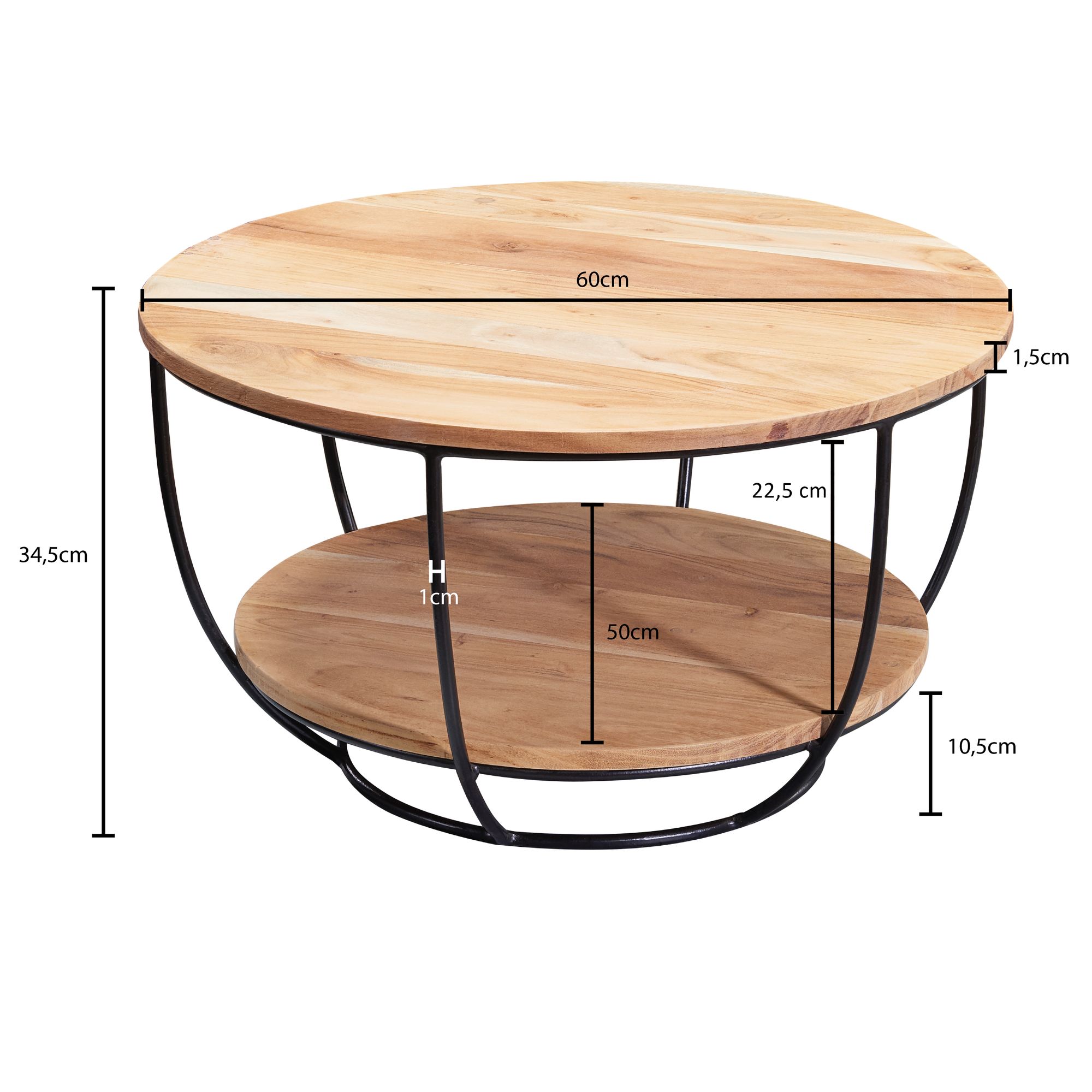 Couchtisch 60x34,5x60 cm Akazie Massivholz / Metall Sofatisch, Design Wohnzimmertisch Rund, Stubentisch Industrial Braun, Tisch mit Ablage