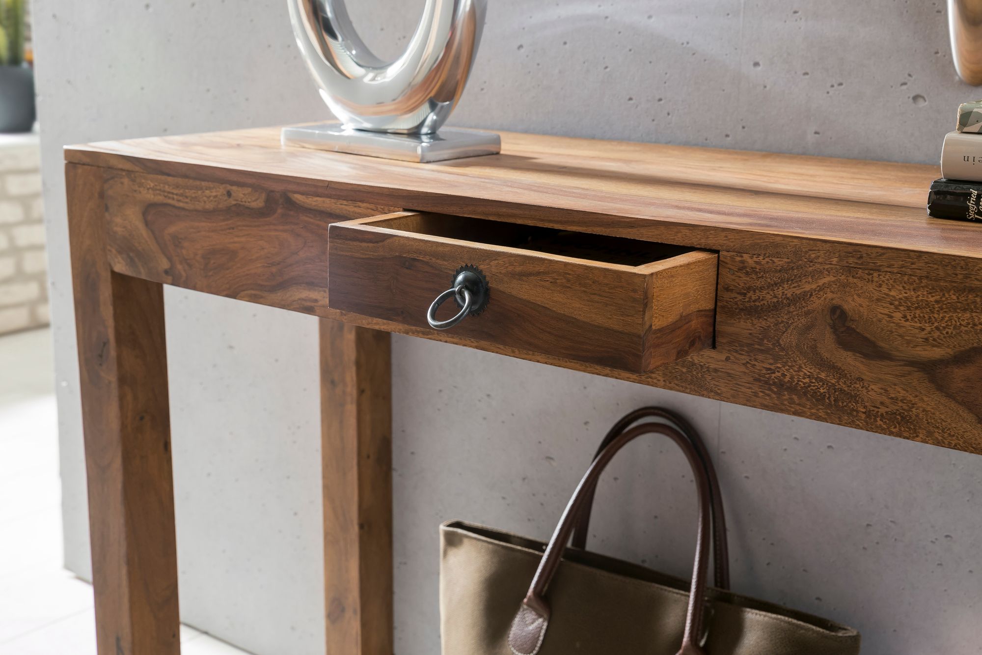 Konsolentisch MUMBAI Massivholz Sheesham Konsole mit 1 Schublade Schreibtisch 120 x 40 cm Landhaus-Stil Sideboard