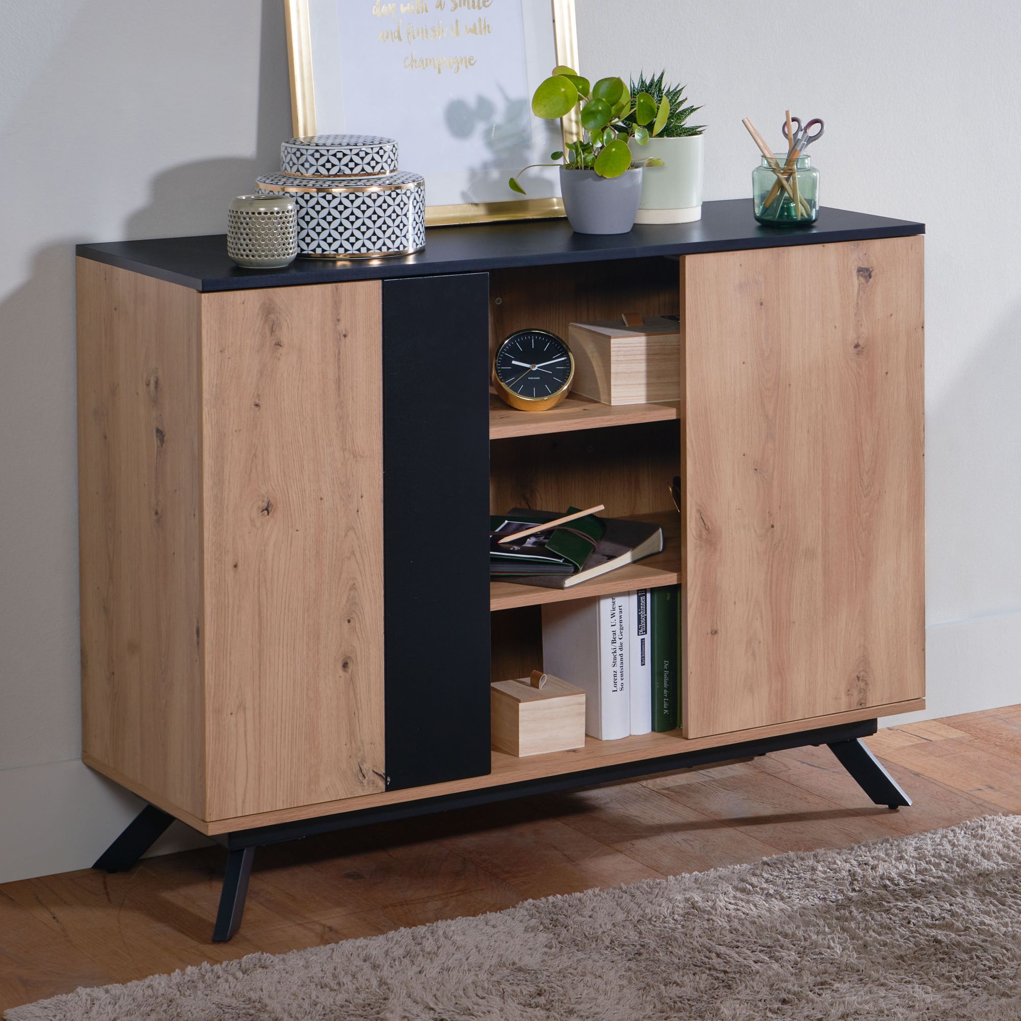 Sideboard 110 cm in Eiche-Dekor / Schwarz
