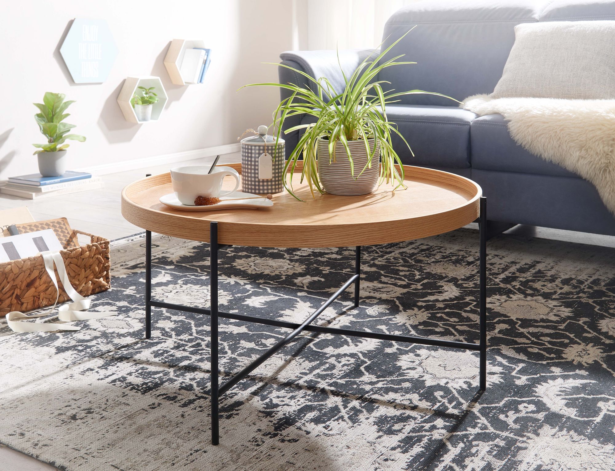 Couchtisch 78x78x40 cm Sofatisch Holz / Metall Wohnzimmertisch Eiche, Design Stubentisch Modern Rund, Holztisch Kaffeetisch, Tisch Wohnzimmer