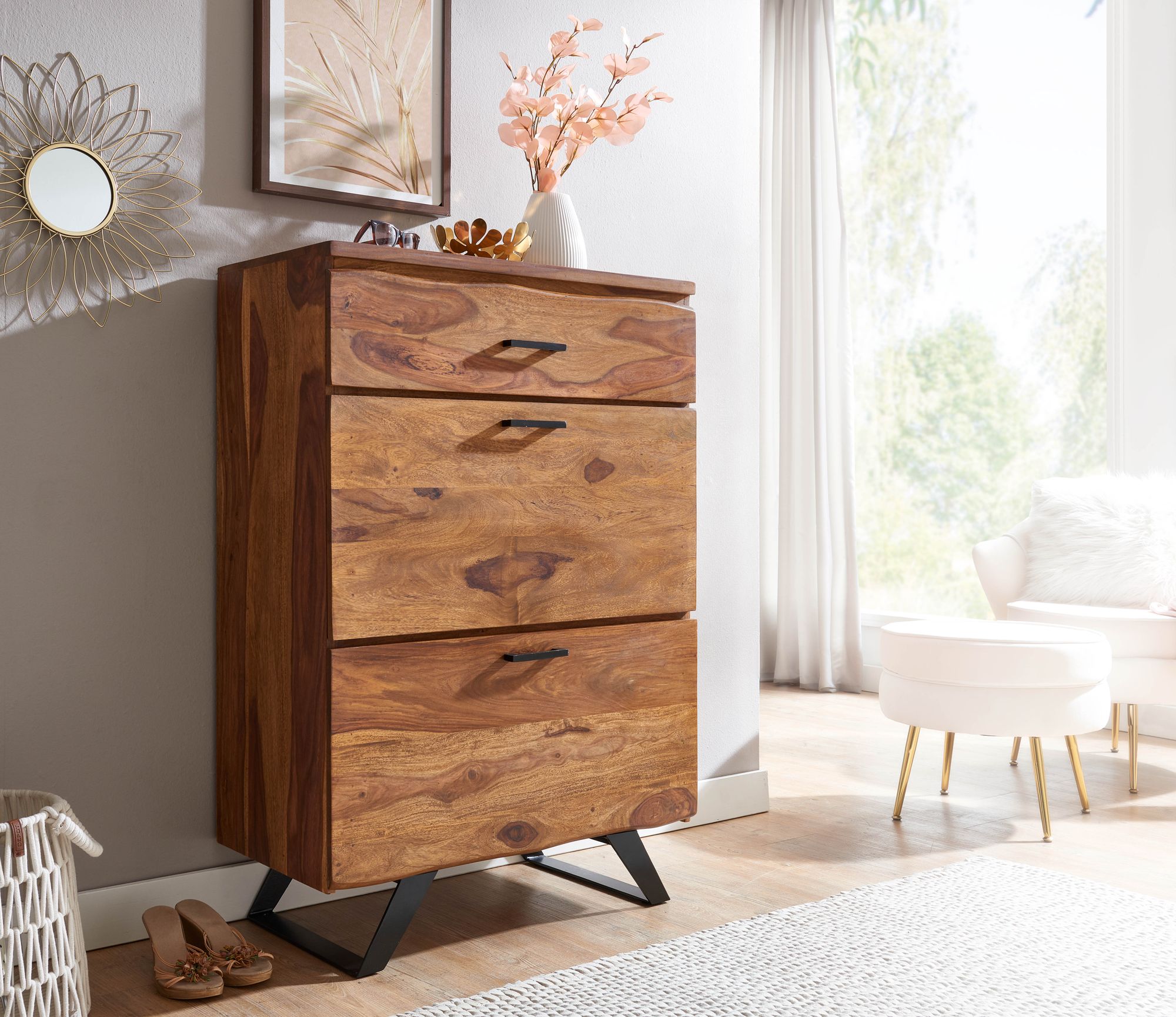 Kommode 80x120x41,5 cm Sheesham Massivholz / Metall Flurkommode, Sideboard Highboard mit Baumkante, Kommodenschrank Holz Modern, Standschrank Anrichte Schubladenkommode