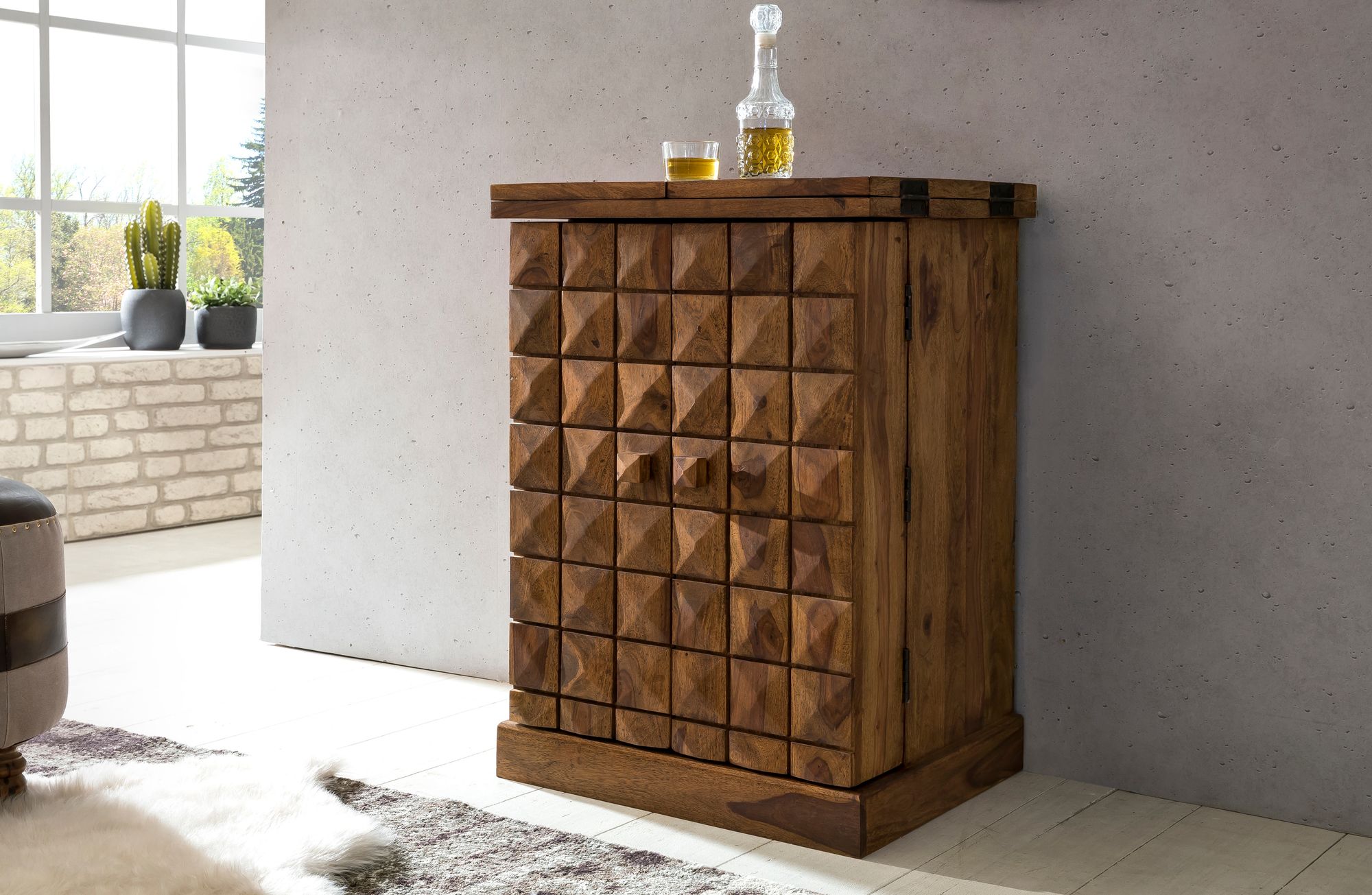 WOHNLING Hausbar SIRA Massivholz Sheesham Weinbar ausklappbar Vitrine