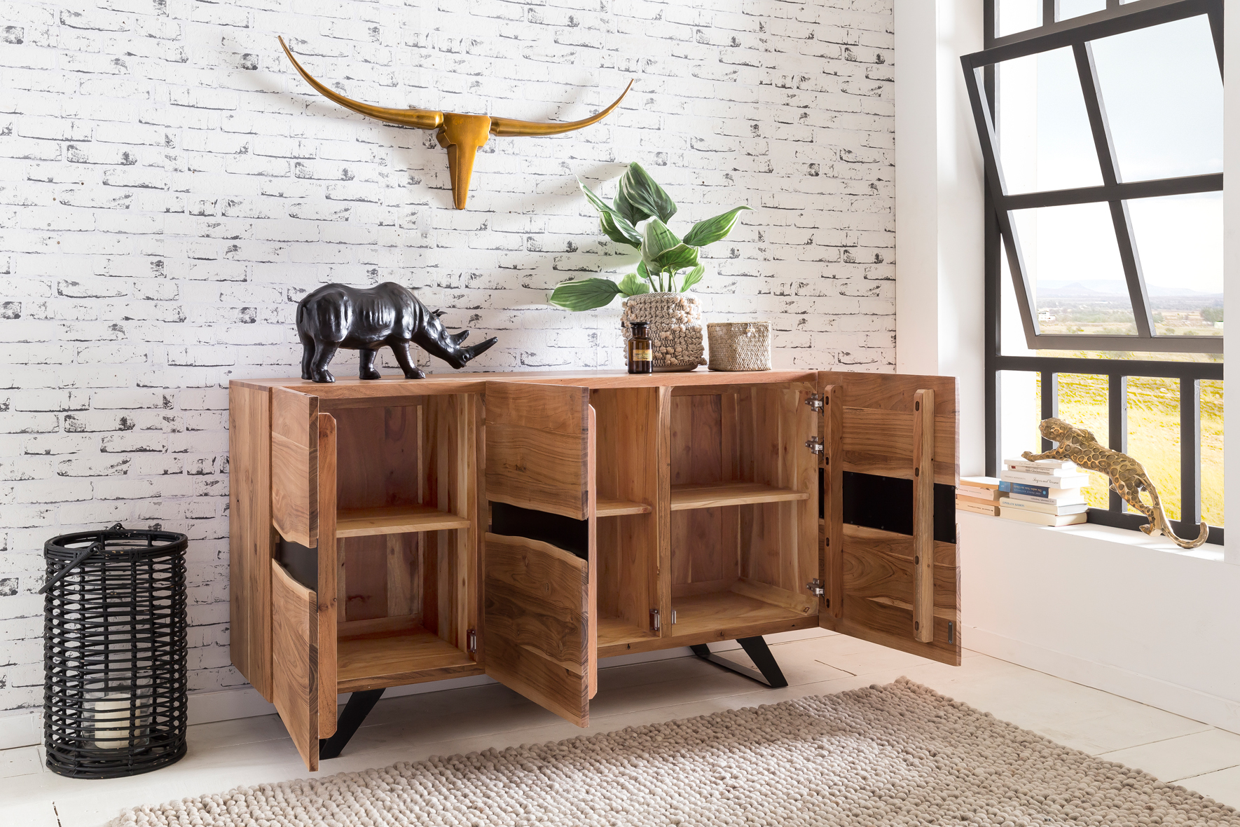 DELIFE Sideboard Live-Edge 147 Cm Akazie Natur 3 Schübe 2 Türen, Sideboards, Baumkantenmöbel