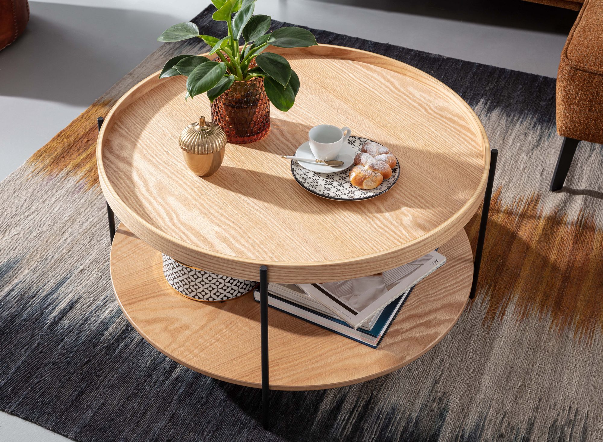 Couchtisch 78x78x40 cm Sofatisch Holz / Metall Wohnzimmertisch Eiche, Design Stubentisch Modern Rund mit Ablage, Holztisch Kaffeetisch, Tisch Wohnzimmer