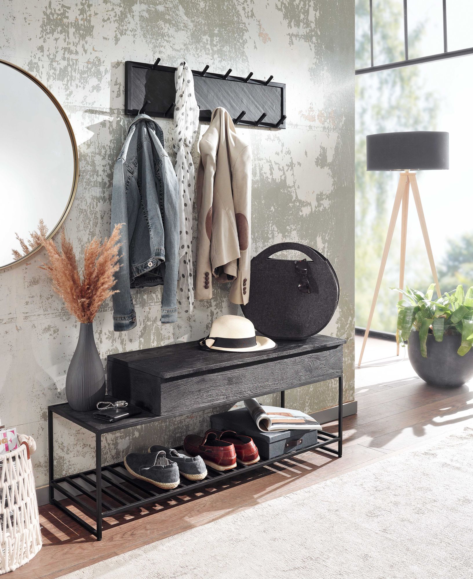 Wohnling Sitzbank mit Wandgarderobe GUARD Schwarz Mango Massivholz Schuhbank 110 cm