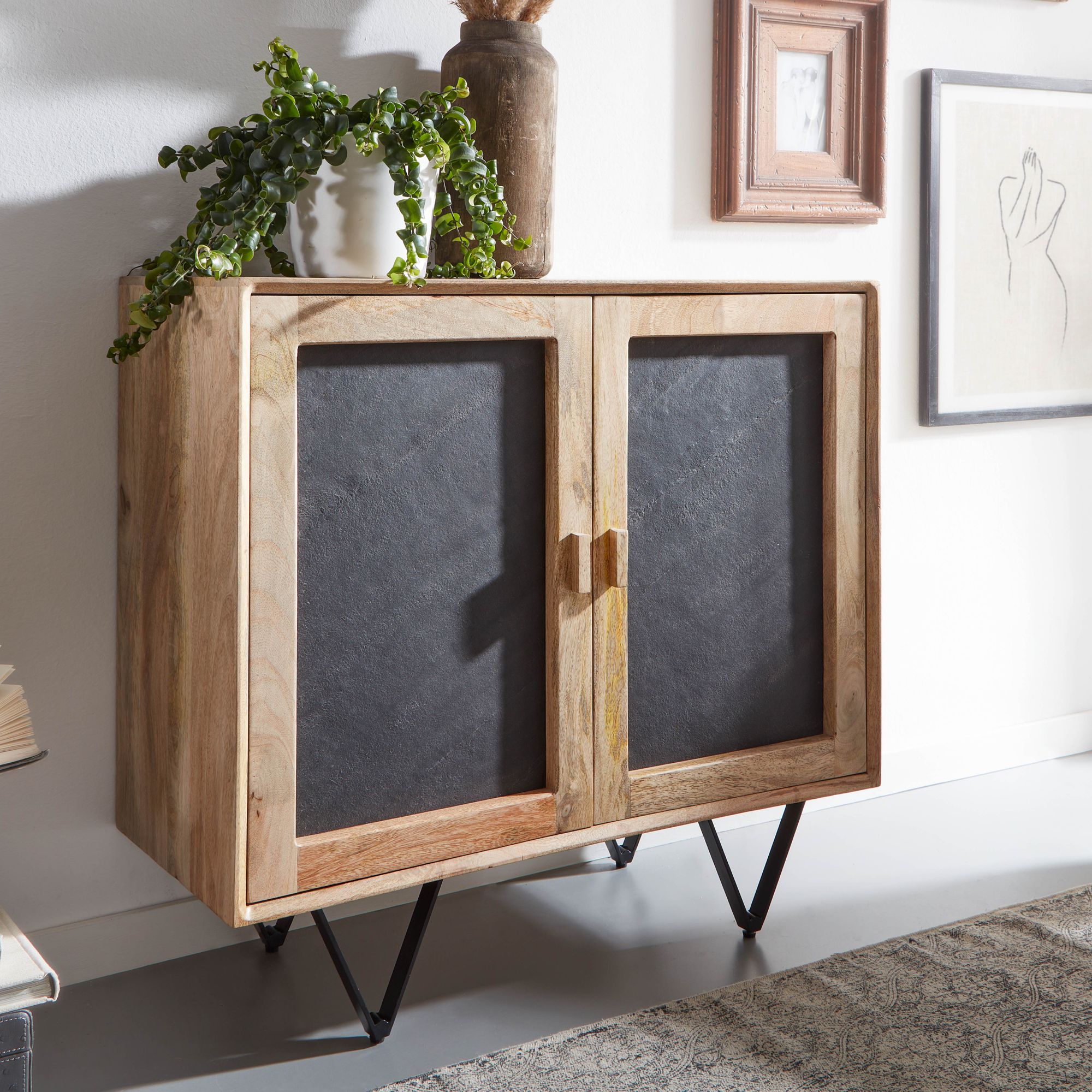 Wohnling Kommode FIOR 80 cm Mango Massivholz / Stein Braun mit 2 Türen