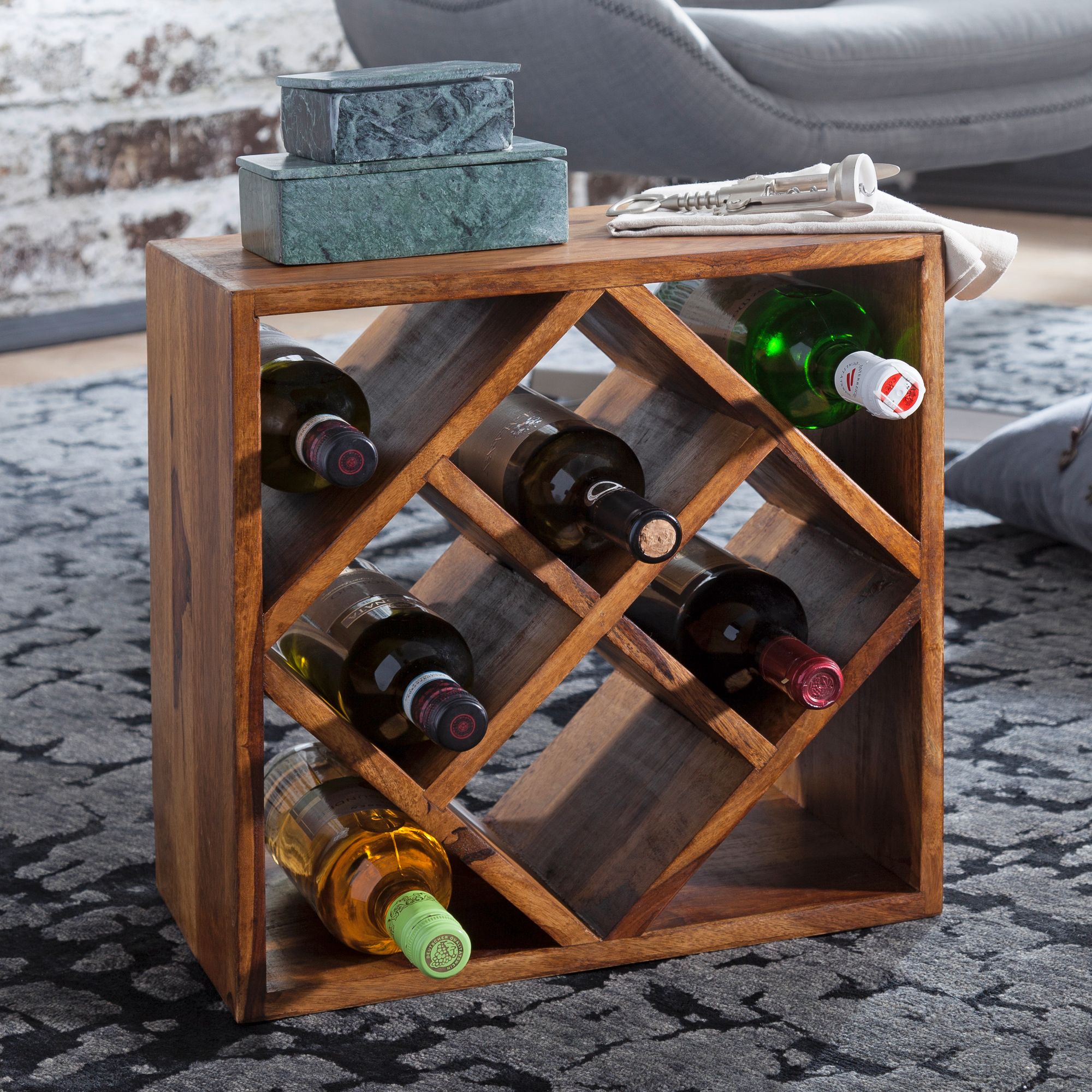 WOHNLING Weinregal Sheesham Massivholz Holzregal 8 Flaschen