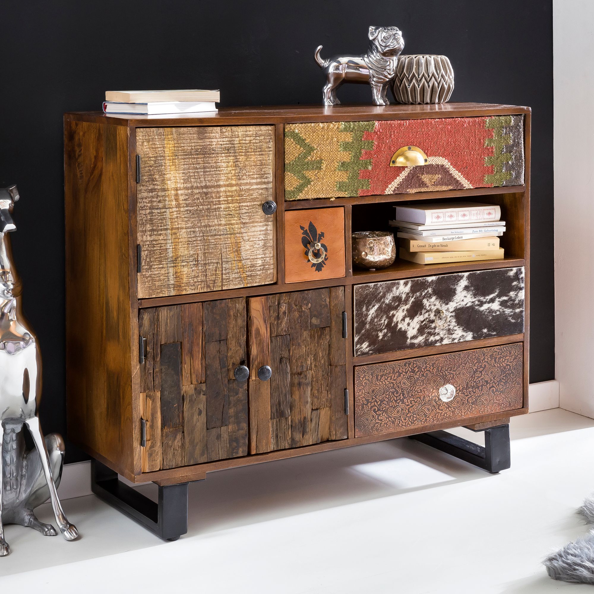 WOHNLING Schrank PATNA 90 cm Massiv Holz Highboard Mango Natur Landhaus-Stil