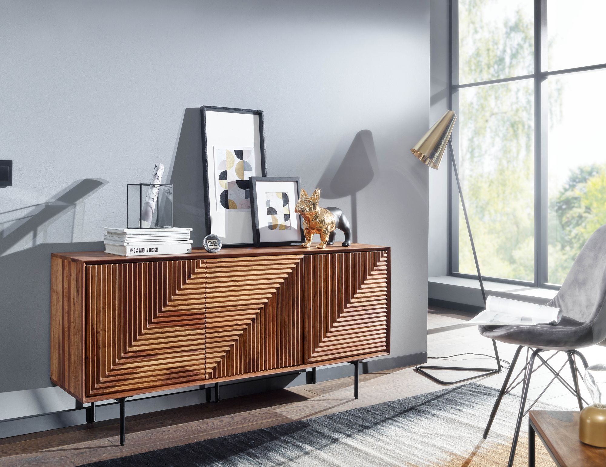 Wohnling MILO Sideboard 148 cm Sheesham Massivholz / Metall mit drei Türen