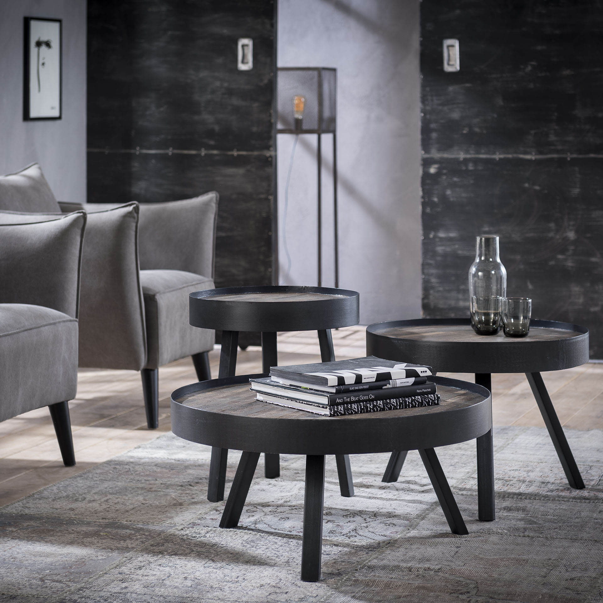 Beistelltisch TEK Rund Industrial 75cm grau Teakholz
