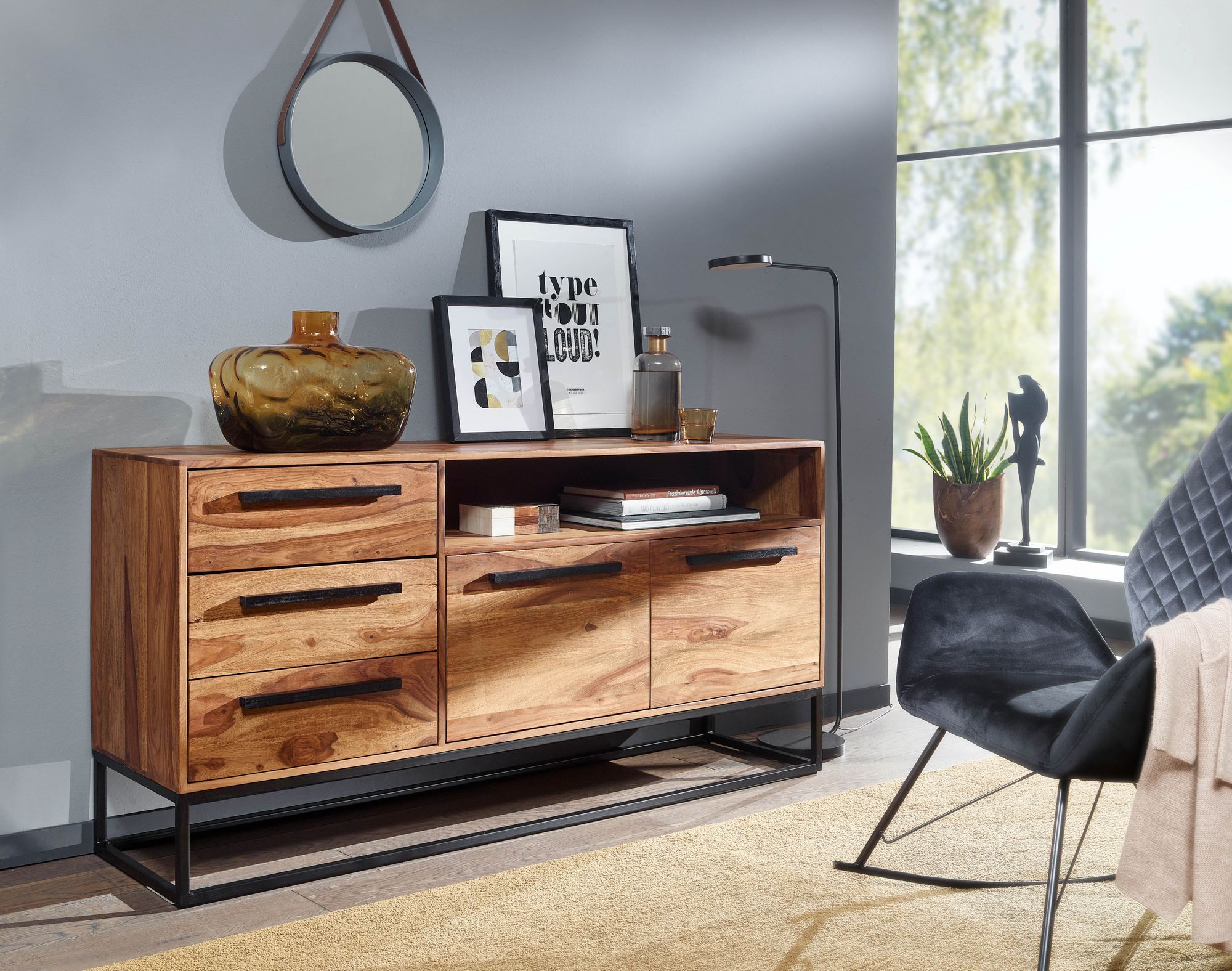 Sideboard 165x80x40 cm Sheesham Massivholz / Metall mit Weinregal | Kommode mit Schubladen | Hausbar