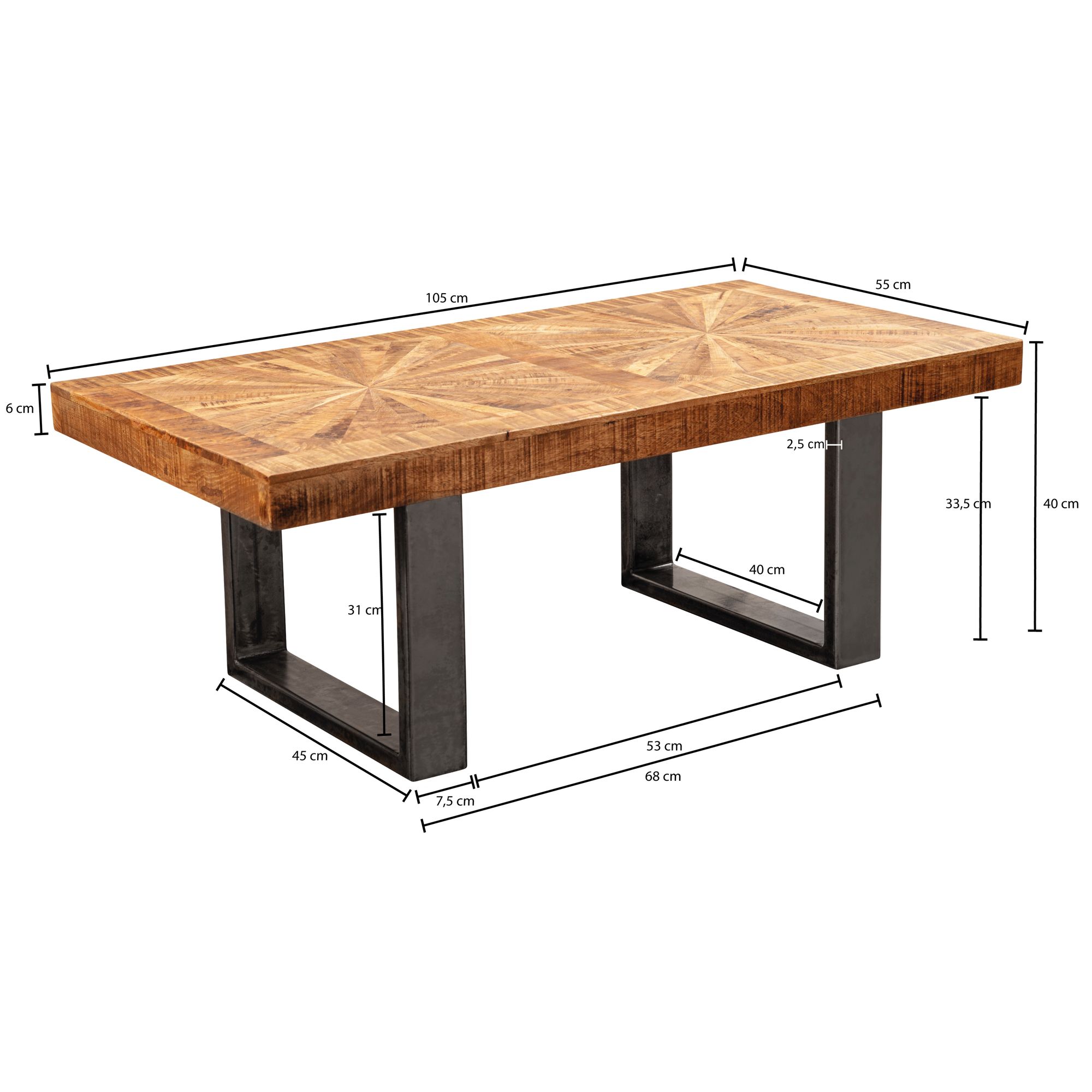 Moderner Couchtisch Mango Massivholz 105x40x55 cm Tisch im Industrial Design, Sofatisch mit Holz und Metall, Wohnzimmertisch Rustikal