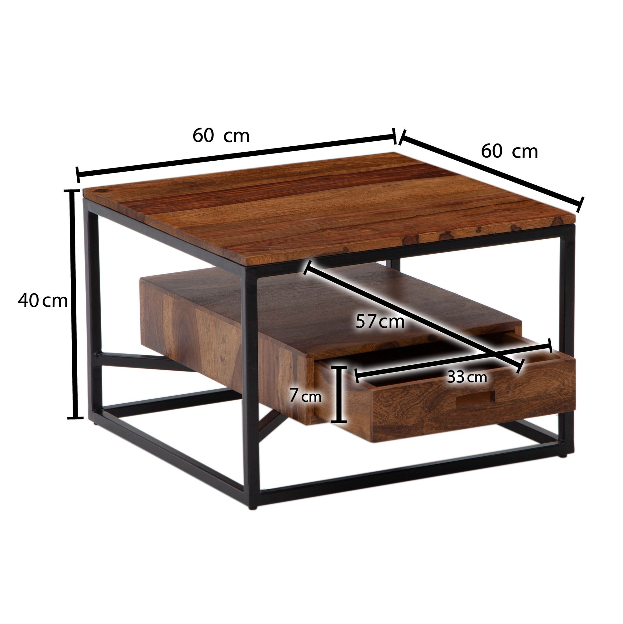 Couchtisch 60x60x40 cm Sheesham Massivholz / Metall Sofatisch Quadratisch, Design Wohnzimmertisch Kaffeetisch Massiv mit Schublade, Kleiner Tisch Beistelltisch Wohnzimmer Modern