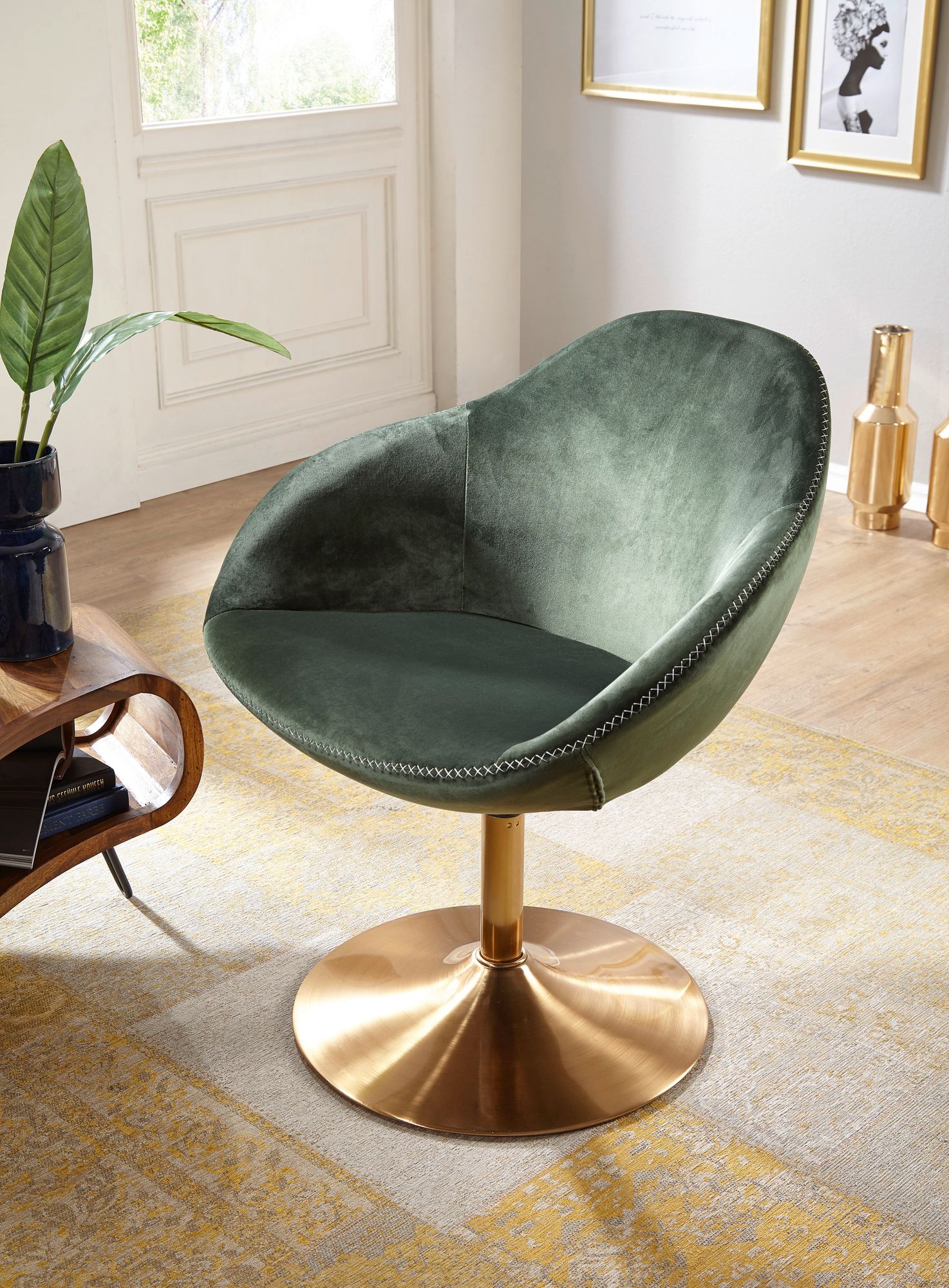 Design Sessel Loungesessel FRANZO Samt Grün / Gold
