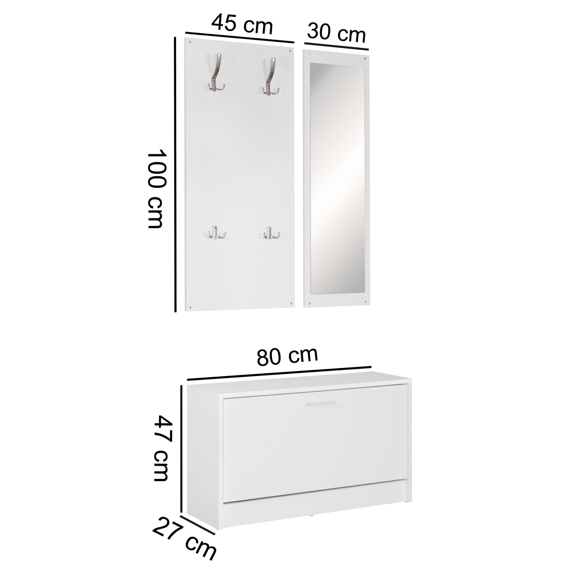 Wand-Garderobe SALERNO mit Spiegel & Schuhschrank Spanplatte weiß, Moderne Flur-Kompaktgarderobe für Jacken & Schuhe, Komplettgarderobe